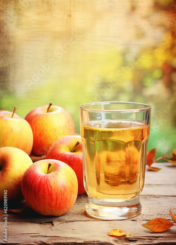 Apple juice in a glass and apples on light rustic background. Still life with apple juice. Generative AI