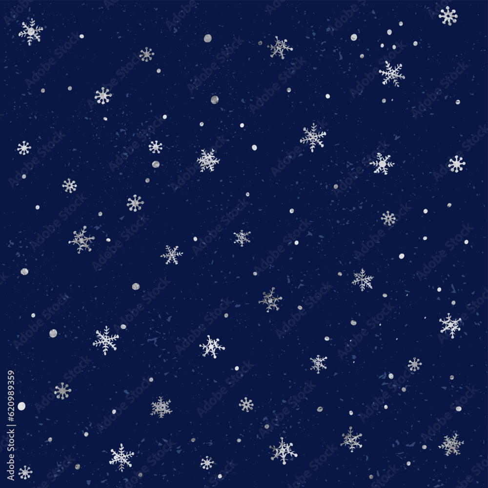 Seamless pattern with snow and silver snowflakes. Christmas and New Year blue background.