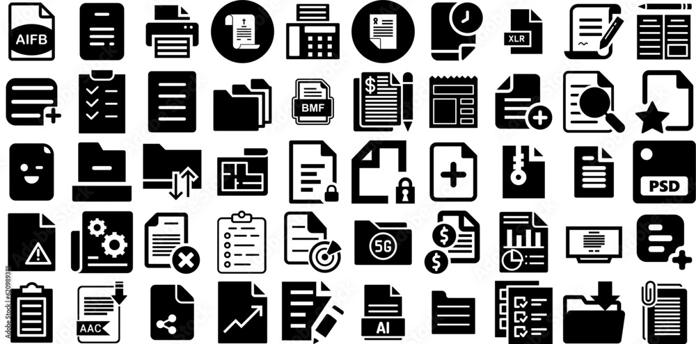 Big Set Of Document Icons Collection Linear Simple Pictograms Printing, Finance, Mark, Eliminate Pictograms Isolated On White Background
