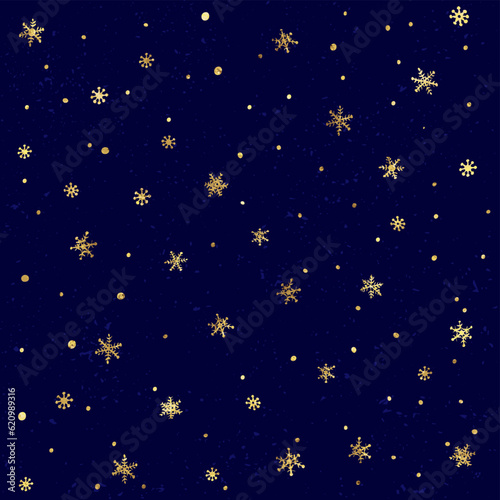Seamless pattern with snow and golden snowflakes. Christmas and New Year blue background.