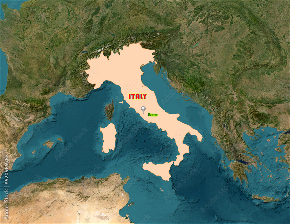 Italy map on the world background. The country is an European member and is known for its pizza and pasta. There is a 3D pushpin showing capital city of Rome and islands of Sardinia, Sicily, Elba... Italy map on the world background. The country is an European member and is known for its pizza and pasta. There is a 3D pushpin showing capital city of Rome and islands of Sardinia, Sicily, Elba...