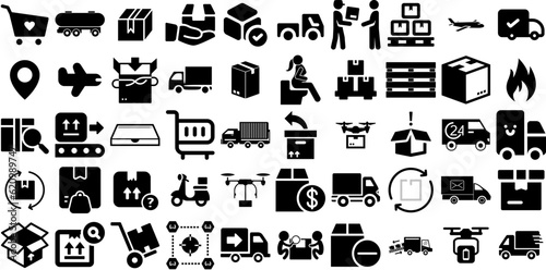 Big Set Of Delivery Icons Pack Solid Drawing Pictograms Carousel, Global, Set, Rapid Silhouette Isolated On White Background