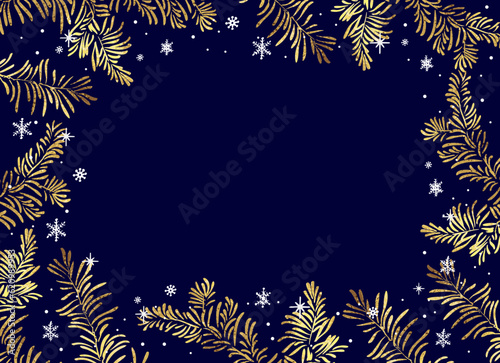 Vector horizontal frame of Christmas Background with branches of golden christmas tree and snowflackes.
