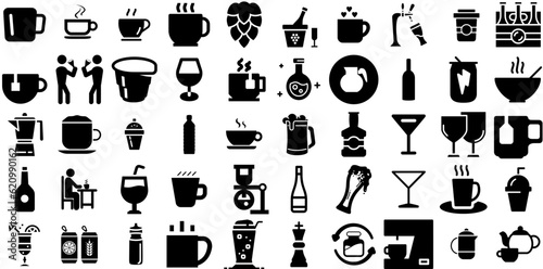 Mega Set Of Drink Icons Collection Linear Cartoon Signs Set, Milk, Infographic, Sweet Illustration Isolated On Transparent Background