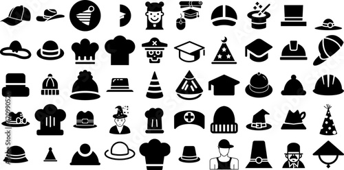 Mega Set Of Hat Icons Collection Hand-Drawn Linear Cartoon Elements Contractor, Toque, Icon, Birthday Elements Isolated On White