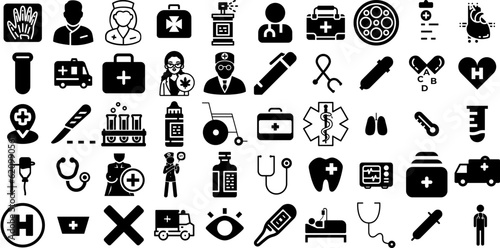 Mega Collection Of Hospital Icons Set Hand-Drawn Solid Infographic Pictograms Symbol, Health, Patient, Icon Element Isolated On White