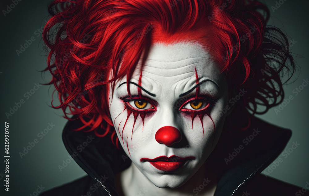 Portrait of a women clown with red hair on a black background. Generative AI.