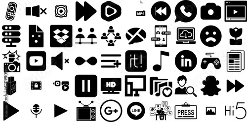 Huge Collection Of Media Icons Set Hand-Drawn Solid Design Glyphs App, Set, Bw, Attraction Silhouette For Apps And Websites