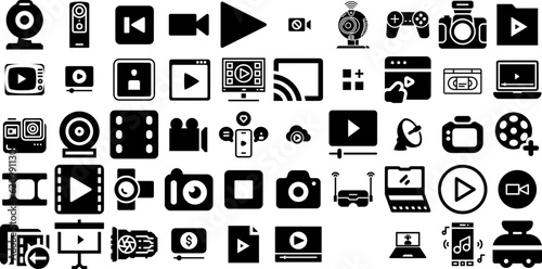 Mega Set Of Video Icons Set Hand-Drawn Linear Concept Glyphs Set, Demo, Playstation, Chat Buttons For Computer And Mobile