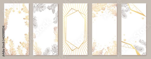 Christmas Poster set. Vector illustration of Christmas Background with branches of christmas tree and golden elements.