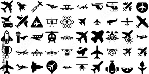 Mega Set Of Aircraft Icons Bundle Solid Drawing Silhouettes Ship, Icon, Flight, Fly Signs Isolated On Transparent Background