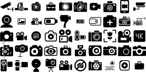 Massive Set Of Camera Icons Set Hand-Drawn Isolated Design Elements Photo Camera, Tool, Silhouette, Camcorder Symbol Isolated On Transparent Background