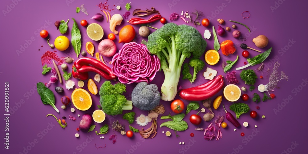 Fototapeta premium Exploded brain made of colorful vegetables on magenta background , concept of Nutrition diversity, created with Generative AI technology