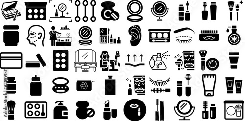 Big Set Of Cosmetic Icons Bundle Hand-Drawn Solid Concept Symbol Icon, Silhouette, Cosmetic, Ageing Silhouette Isolated On White