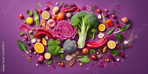 Exploded brain made of colorful vegetables on magenta background , concept of Nutrition diversity, created with Generative AI technology