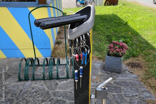 Bicycle route infrastructure in Austria. Public bicycle tools next to Danube Bicycle Route (Donauradweg). photo