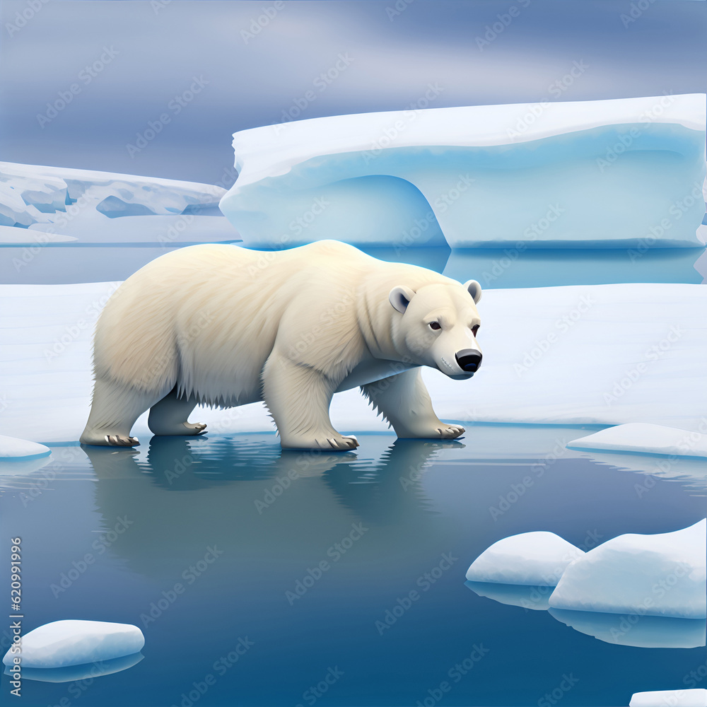 Polar bear on ice floe. Melting iceberg and global warming. Climate change. Polar bear on the blue ice. Bear on drifting ice with snow, white animals in nature habitat. Animals playing in snow,