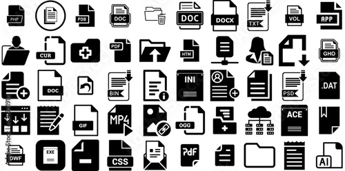 Mega Collection Of File Icons Collection Black Infographic Signs Set, Extension, App, Page Elements Isolated On White Background