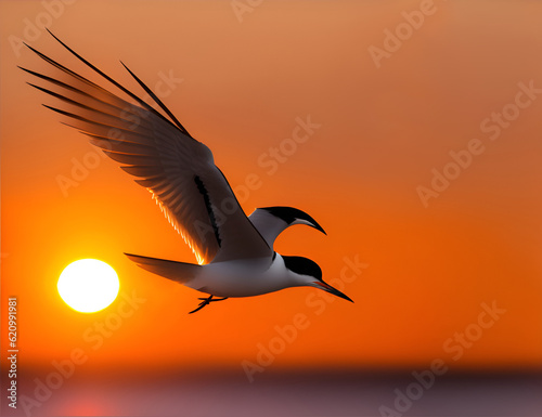 The silhouette of seagull flying at sunset. illustration style. Beautiful Seagull flying in the sky during sunset.