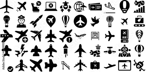 Big Collection Of Flight Icons Pack Hand-Drawn Isolated Simple Symbols Icon, Plane, Aeroplane, Aircraft Illustration Vector Illustration