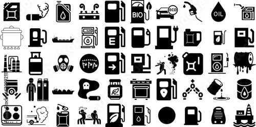 Massive Set Of Gas Icons Bundle Hand-Drawn Solid Infographic Clip Art Contamination  Icon  Symbol  Problem Element Isolated On White
