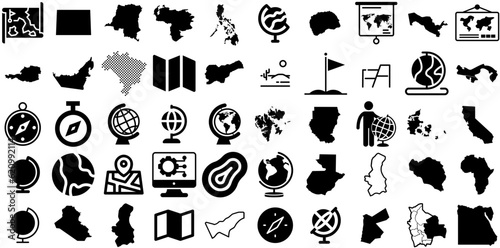 Huge Collection Of Geography Icons Collection Hand-Drawn Linear Drawing Elements Planet  Tour Tourism  Symbol  Icon Clip Art Isolated On White Background