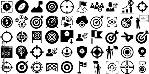 Big Collection Of Goal Icons Set Hand-Drawn Black Concept Pictograms Team, Icon, Thin, Process Pictogram Isolated On Transparent Background