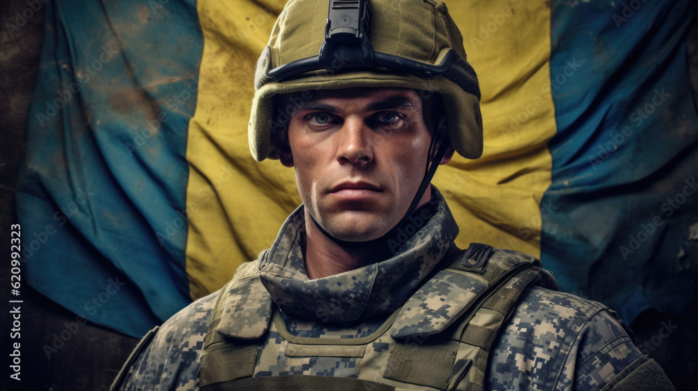 A stern Ukrainian military man stands tall, his unwavering gaze reflecting his resolute dedication to duty. AI generated