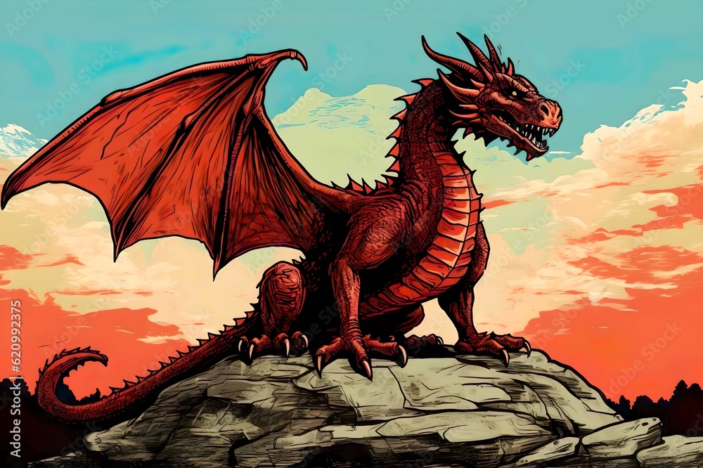 red dragon on the sky background. Vector illustration in pop art retro ...