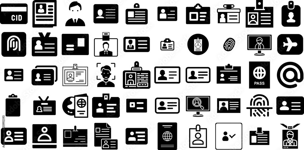 Big Collection Of Id Icons Pack Hand-Drawn Solid Vector Pictogram Icon, Identification, Badge, Card Element Vector Illustration - obrazy, fototapety, plakaty 