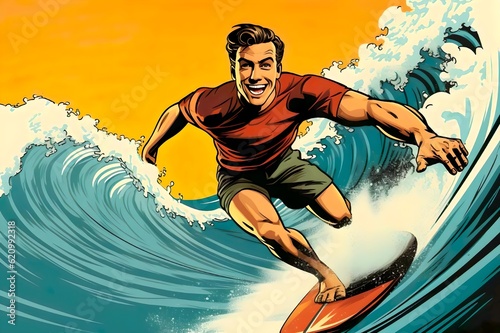 surfer on the wave. surfer with surfboard. Vector illustration in pop art retro comics style. poster for advertising. Generative AI photo