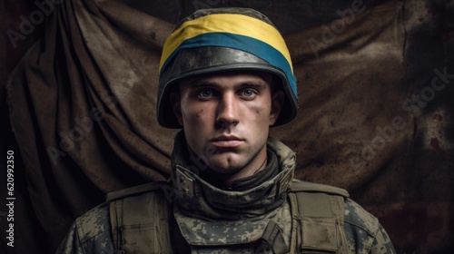 With a strong and confident stance, a Ukrainian soldier in uniform embodies the essence of bravery and patriotism. AI generated