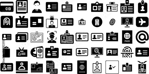 Big Collection Of Id Icons Pack Hand-Drawn Solid Vector Pictogram Icon, Identification, Badge, Card Element Vector Illustration photo