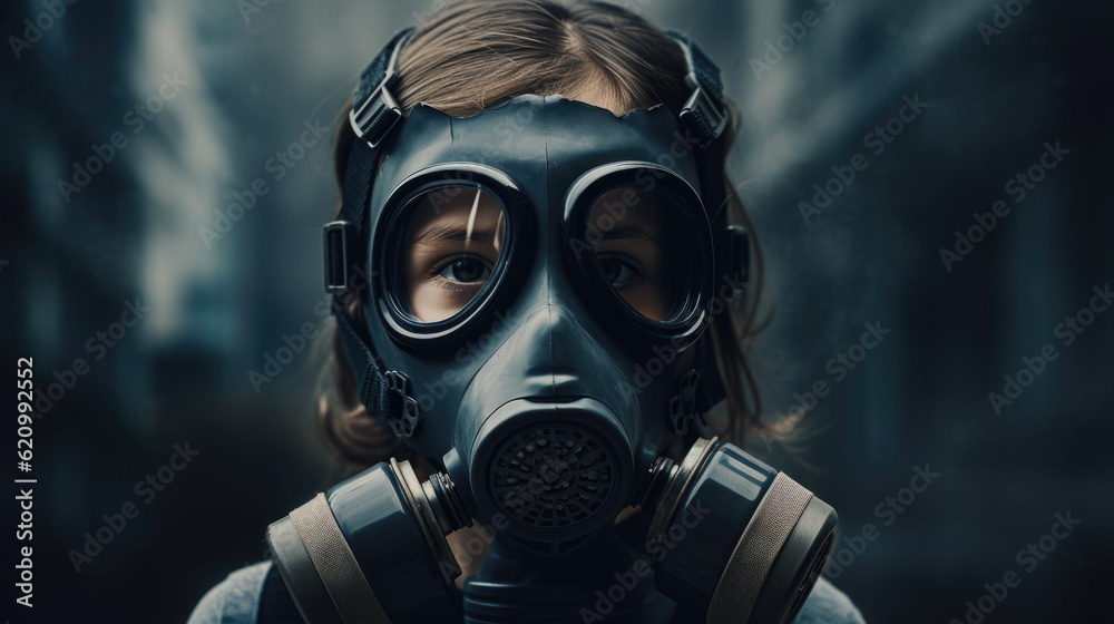 Amidst an atmosphere filled with smoke, a child's face is shielded by a gas mask, capturing the essence of concern and the urgent need for action against environmental hazards. AI generated Amidst an atmosphere filled with smoke, a child's face is shielded by a gas mask, capturing the essence of concern and the urgent need for action against environmental hazards. AI generated