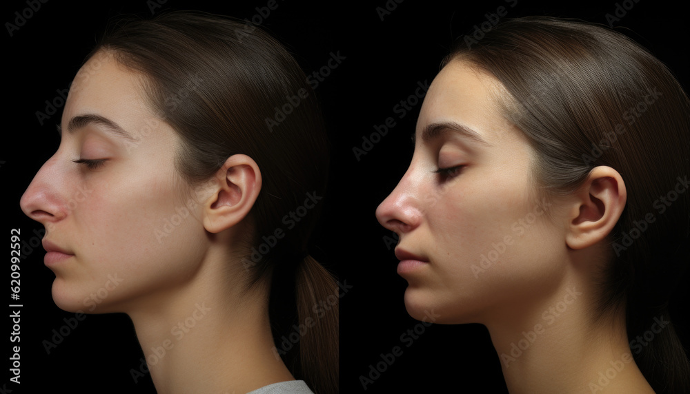 Transformation of woman's nose through rhinoplasty. Before and after images showcasing enhanced facial harmony and refined nasal contour. AI generated Transformation of woman's nose through rhinoplasty. Before and after images showcasing enhanced facial harmony and refined nasal contour. AI generated