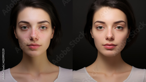 A woman's fresh and modernized look shines through in a captivating before-and-after portrait, exemplifying the power of beauty transformation. AI generated
