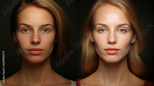 A series of striking before-and-after shots captures the remarkable transition in a woman's appearance, symbolizing her renewed self-confidence. AI generated