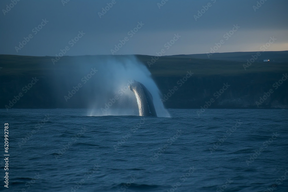 Blue whale blowing water through its blowhole, Whale, bokeh 