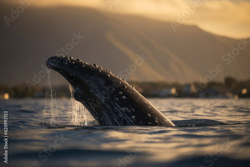 Humpback whale with its fluke raised above the water, Whale, bokeh Generative AI © Nati