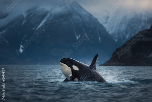 Killer whale breaching in front of a glacier, Whale, bokeh Generative AI
