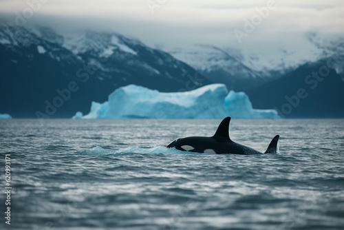 Killer whale breaching in front of a glacier, Whale, bokeh Generative AI