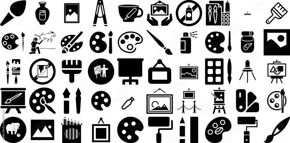 Mega Set Of Painting Icons Pack Flat Cartoon Clip Art Icon, Drawing, Outline, Construction Silhouettes For Computer And Mobile