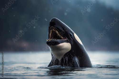 Orca whale with a fish in its mouth, Whale, bokeh Generative AI photo