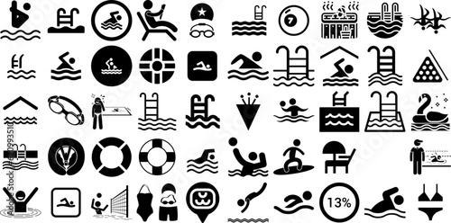 Huge Collection Of Pool Icons Pack Black Infographic Symbol Icon, Summer, Symbol, Glyphs Pictograms Isolated On White