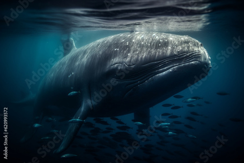 Sperm whale with a school of fish around it, Whale, bokeh Generative AI photo