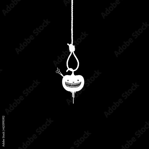 Scary Pumpkin with Scissors hanging on gallows for sign, symbol and Halloween art illustration. Vector Illustration