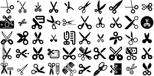 Huge Collection Of Scissors Icons Collection Hand-Drawn Isolated Concept Signs Silhouette, Icon, Symbol, Wrench Logotype For Apps And Websites