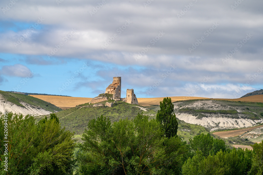 photo of the ruins of the old castle of Rojas, Burgos, Spain, on the top of a hill, in the foreground the treetops, at mid-height the hills of white lime and in the background the sky half blue half w