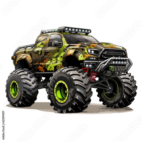 Camouflage Monster Truck Sublimation Clipart. Monster Truck Cartoon Style for Kids Clipart PNG Sublimation isolated on Transparent Background.