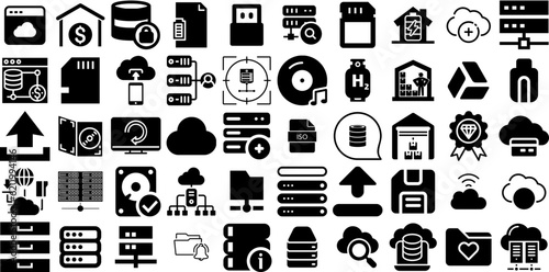 Big Set Of Storage Icons Collection Hand-Drawn Black Drawing Symbol Hosting, Icon, Business, Conservation Logotype Isolated On White